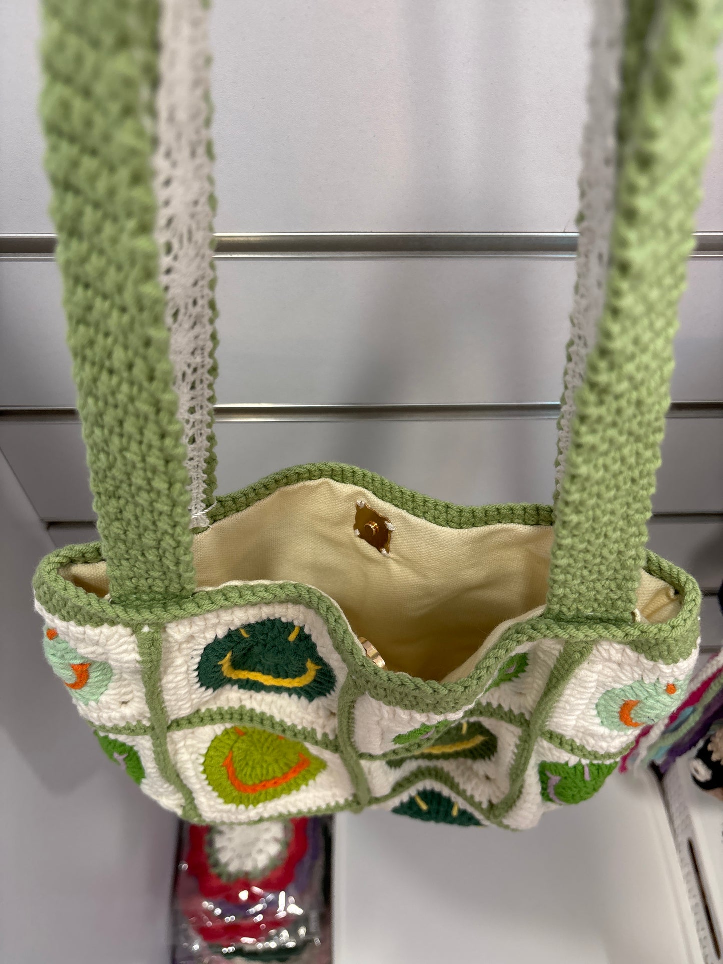 handmade crochet smile face bag