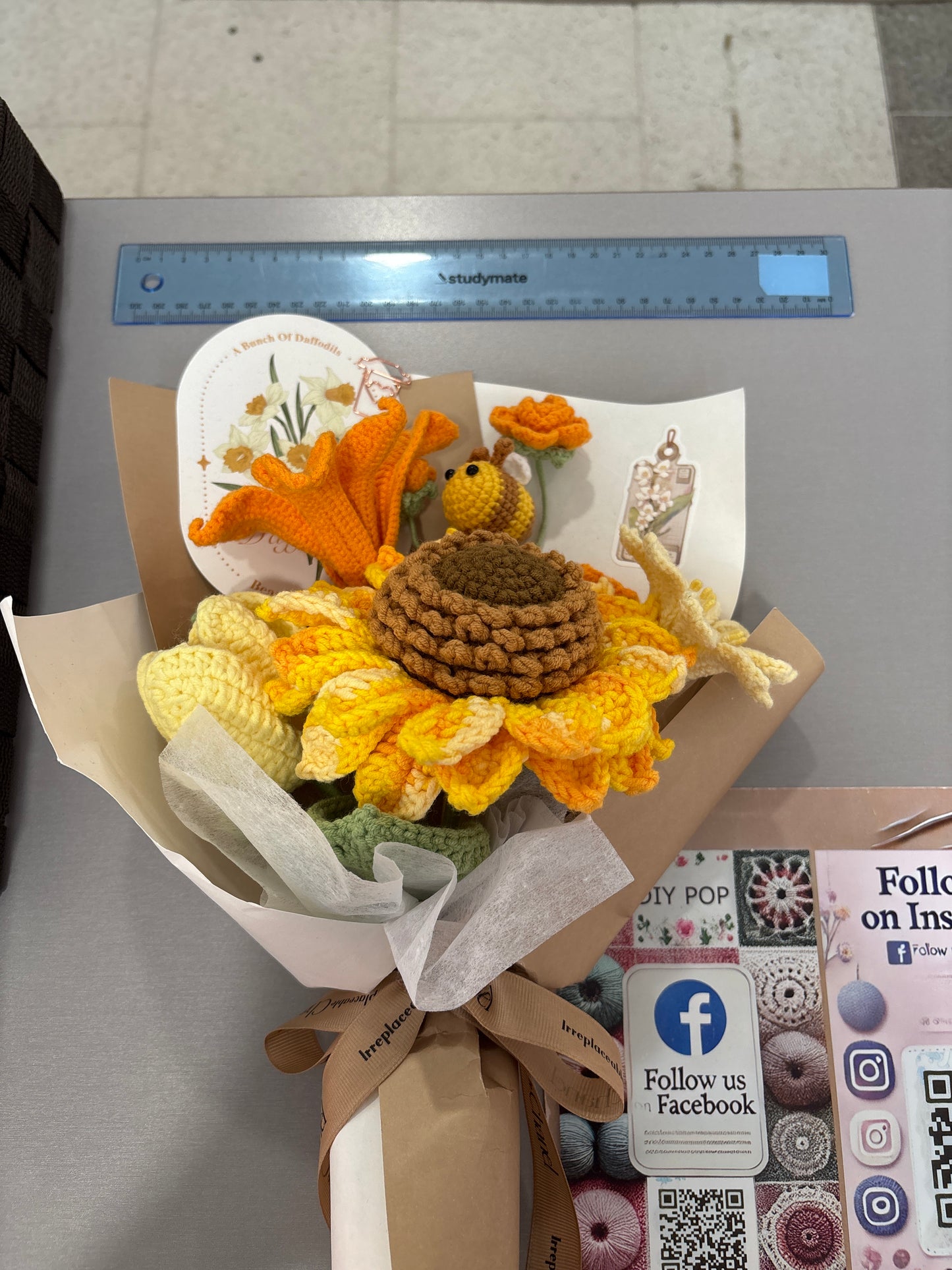 Handmade crochet sunflower bouquet with bee