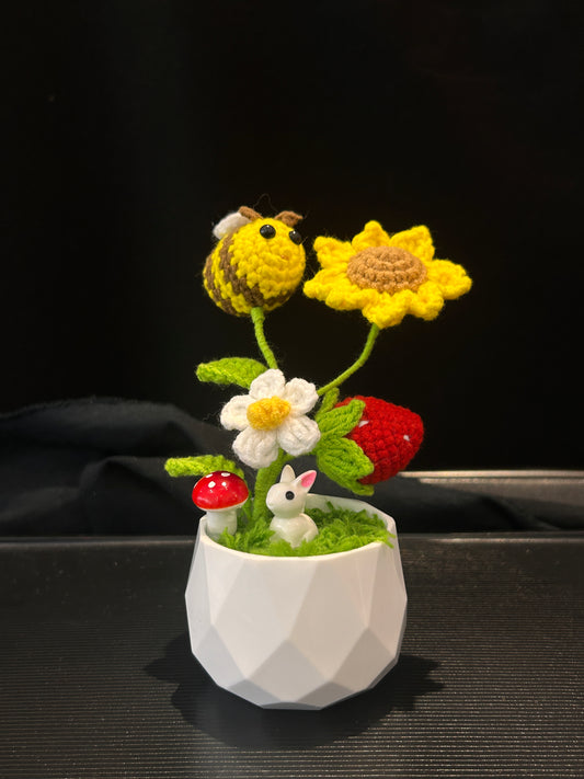 Bee & Sunflower in White Pot