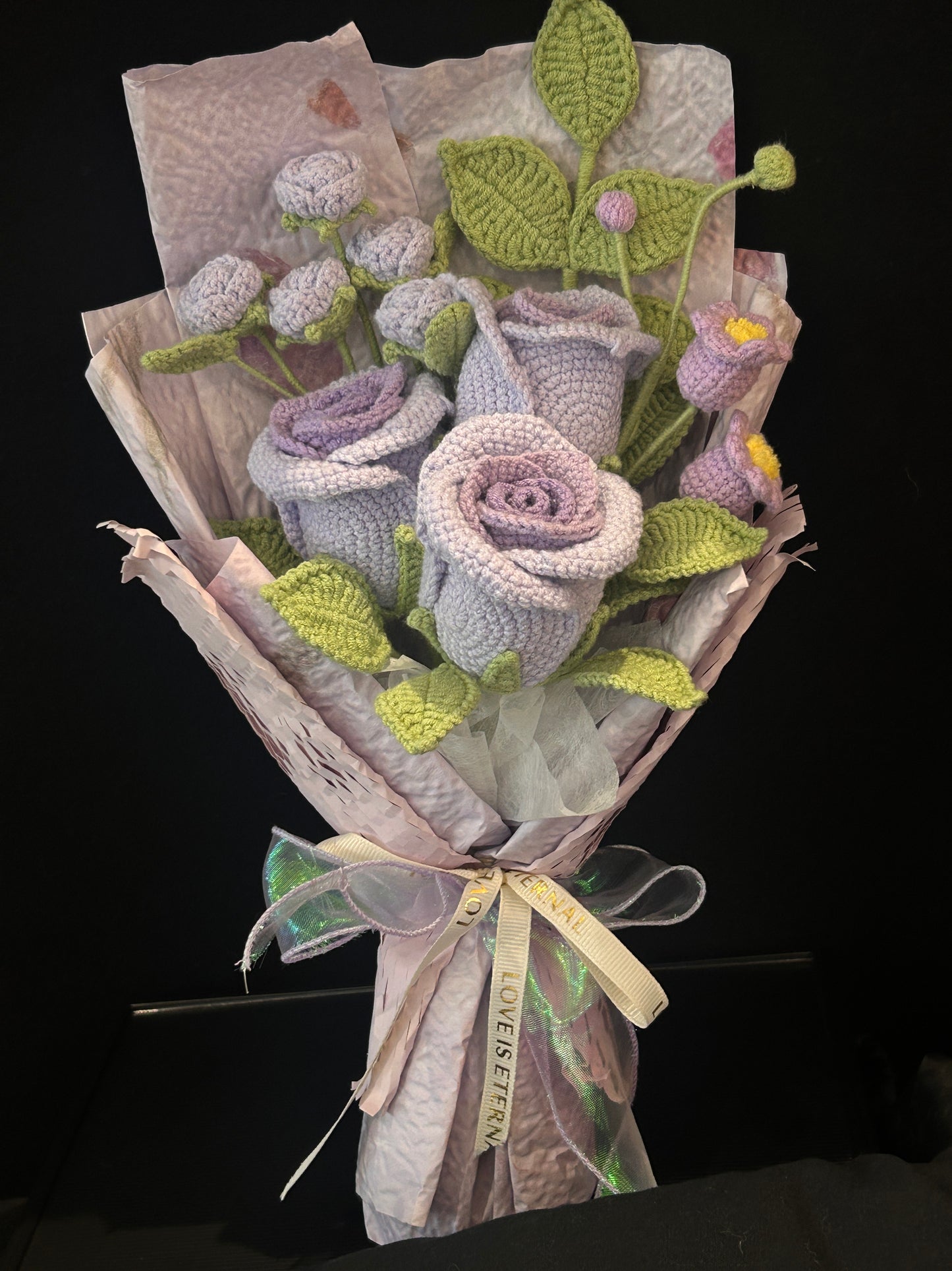 Handmade Crochet Flower Bouquet —— Three Purple Rose Flowers