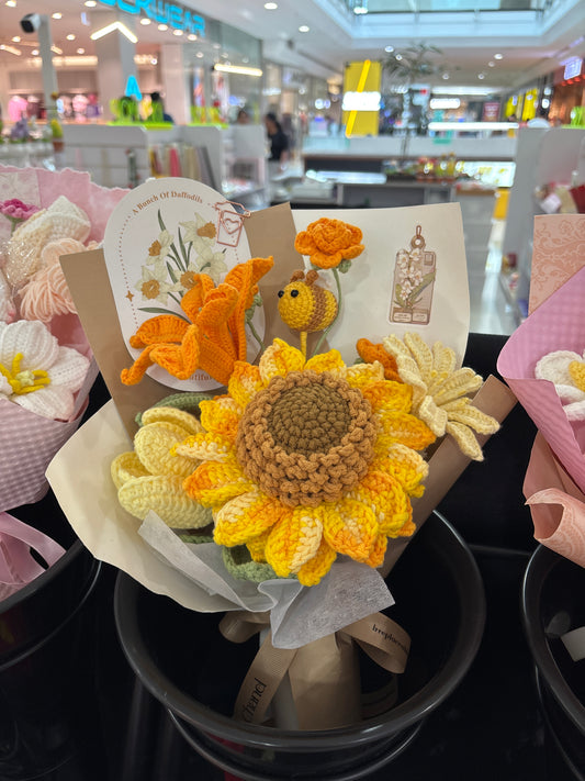 Handmade crochet sunflower bouquet with bee