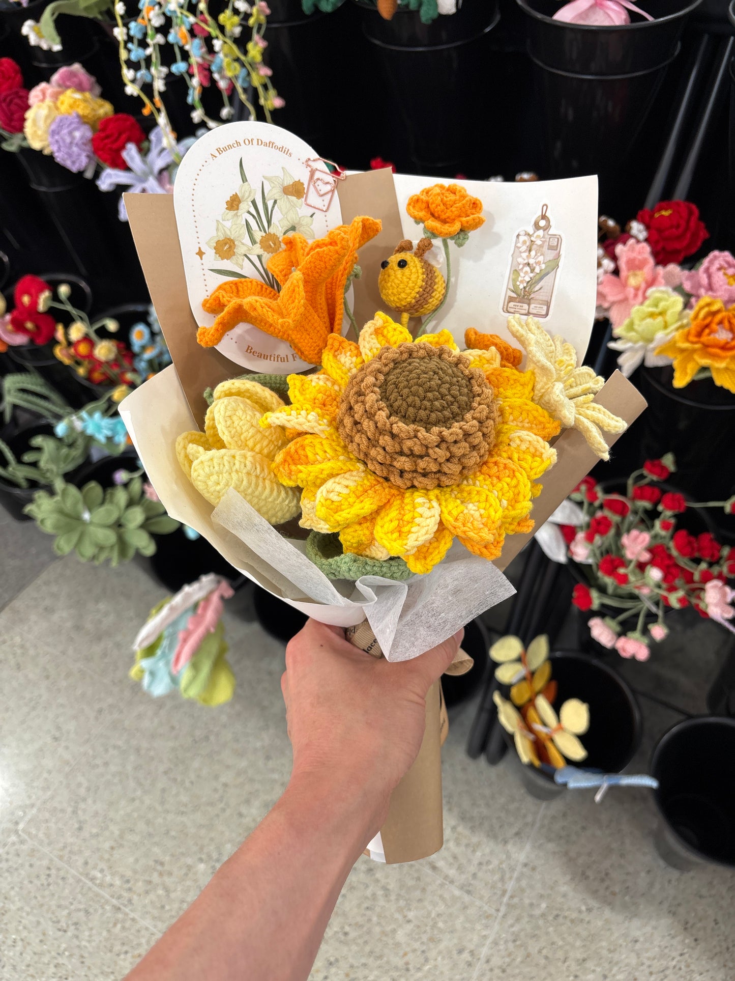 Handmade crochet sunflower bouquet with bee