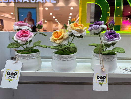 Handmade Crochet Rose in Decorative Pot – Elegant Floral Decor