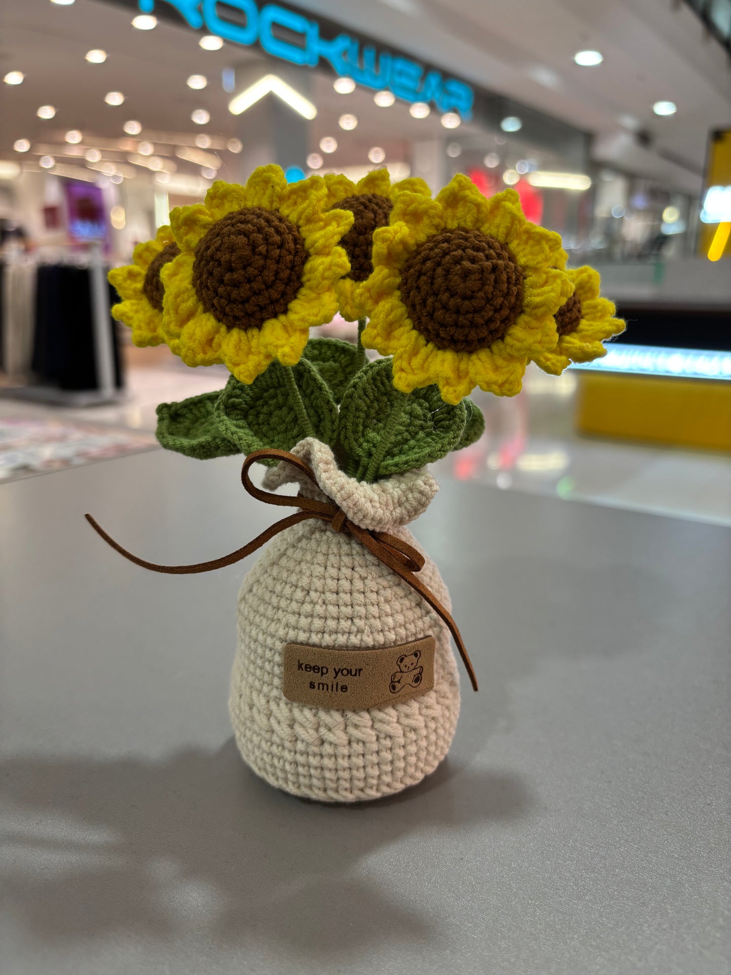 Handmade Crochet Sunflower Bouquet in Vase – “Keep Your Smile” Design (16cm)
