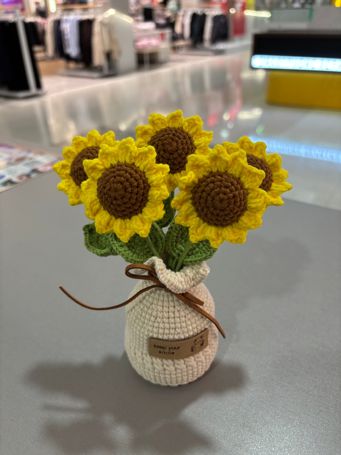 Handmade Crochet Sunflower Bouquet in Vase – “Keep Your Smile” Design (16cm)