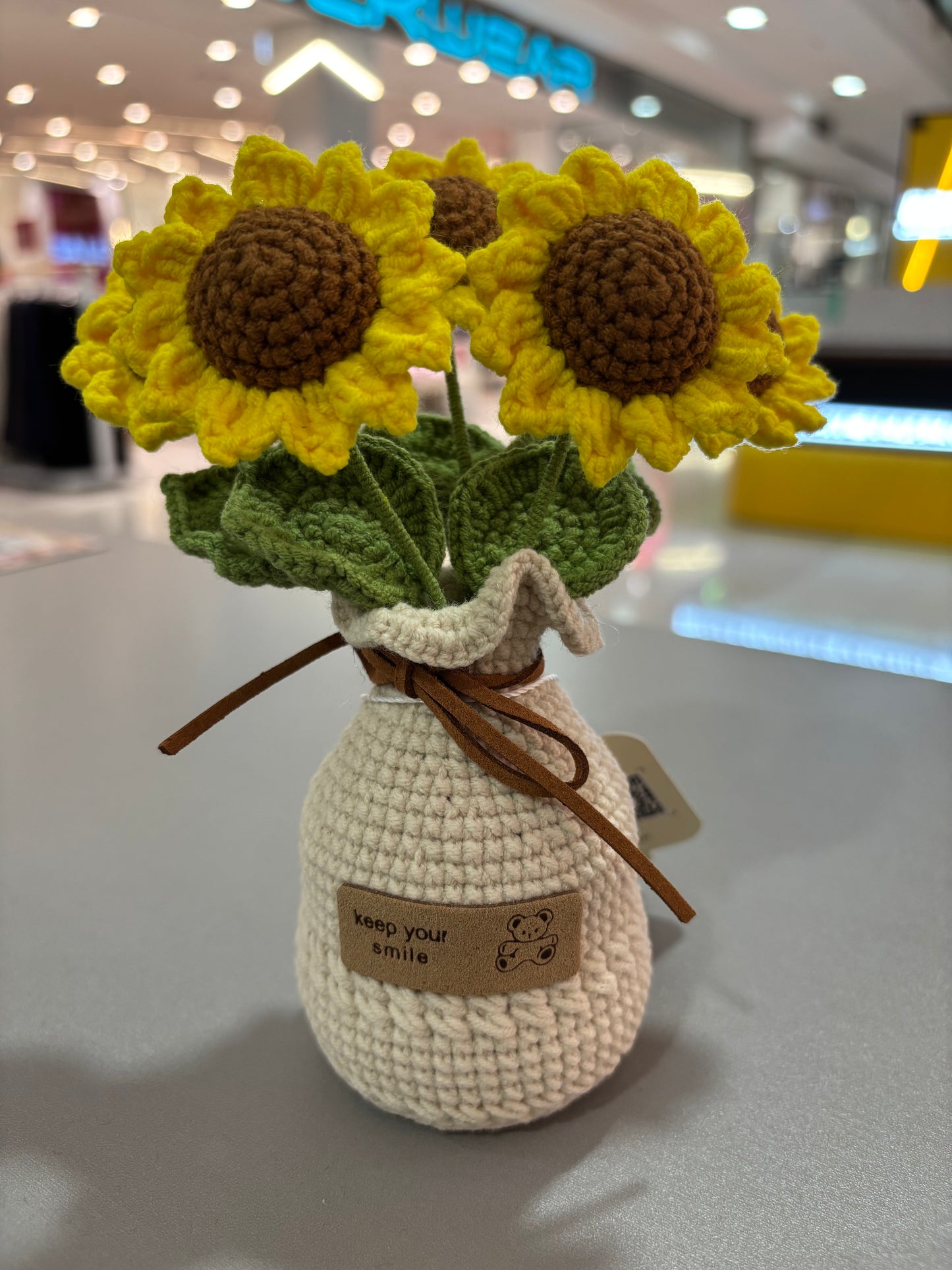 Handmade Crochet Sunflower Bouquet in Vase – “Keep Your Smile” Design (16cm)