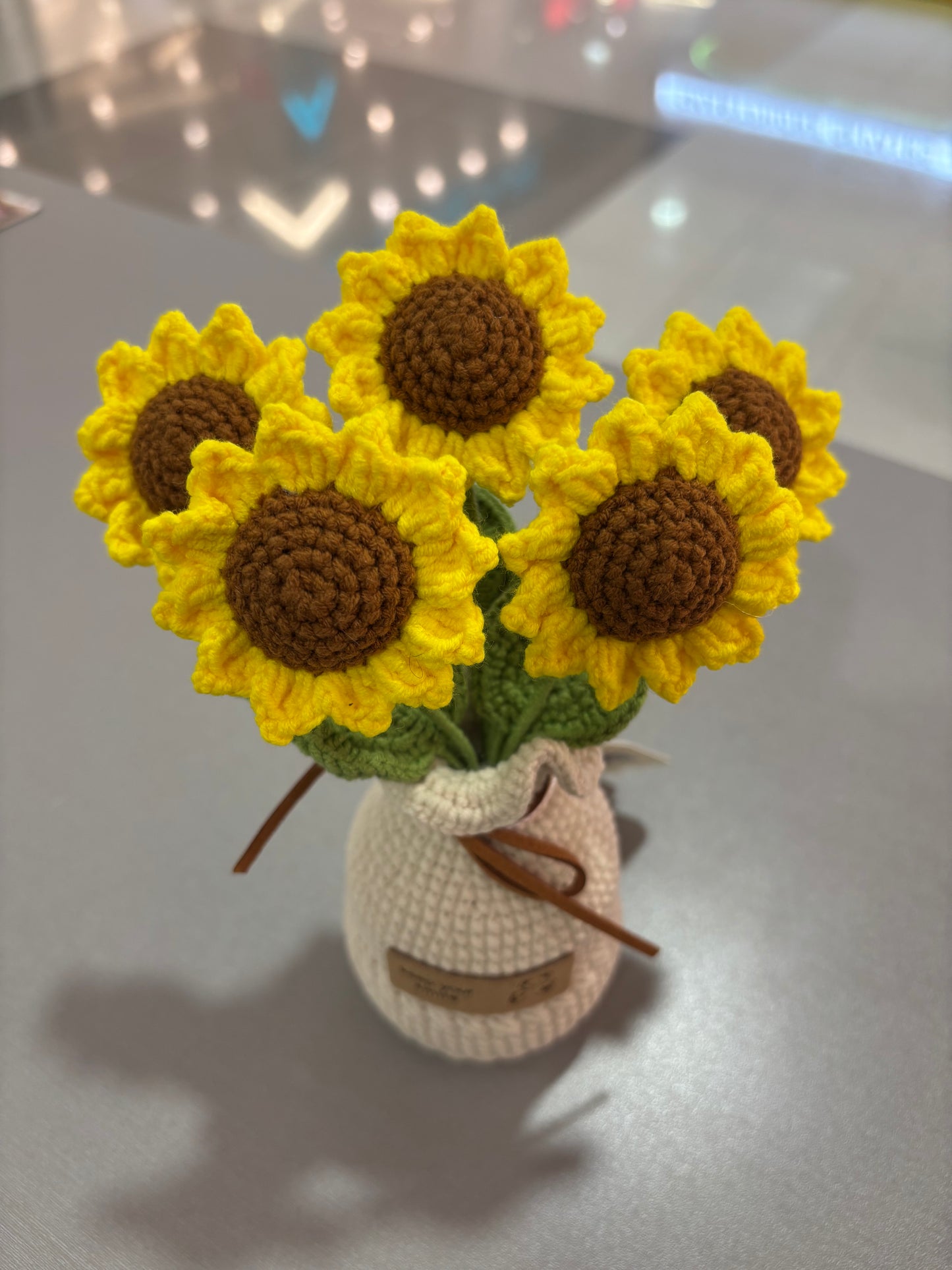 Handmade Crochet Sunflower Bouquet in Vase – “Keep Your Smile” Design (16cm)