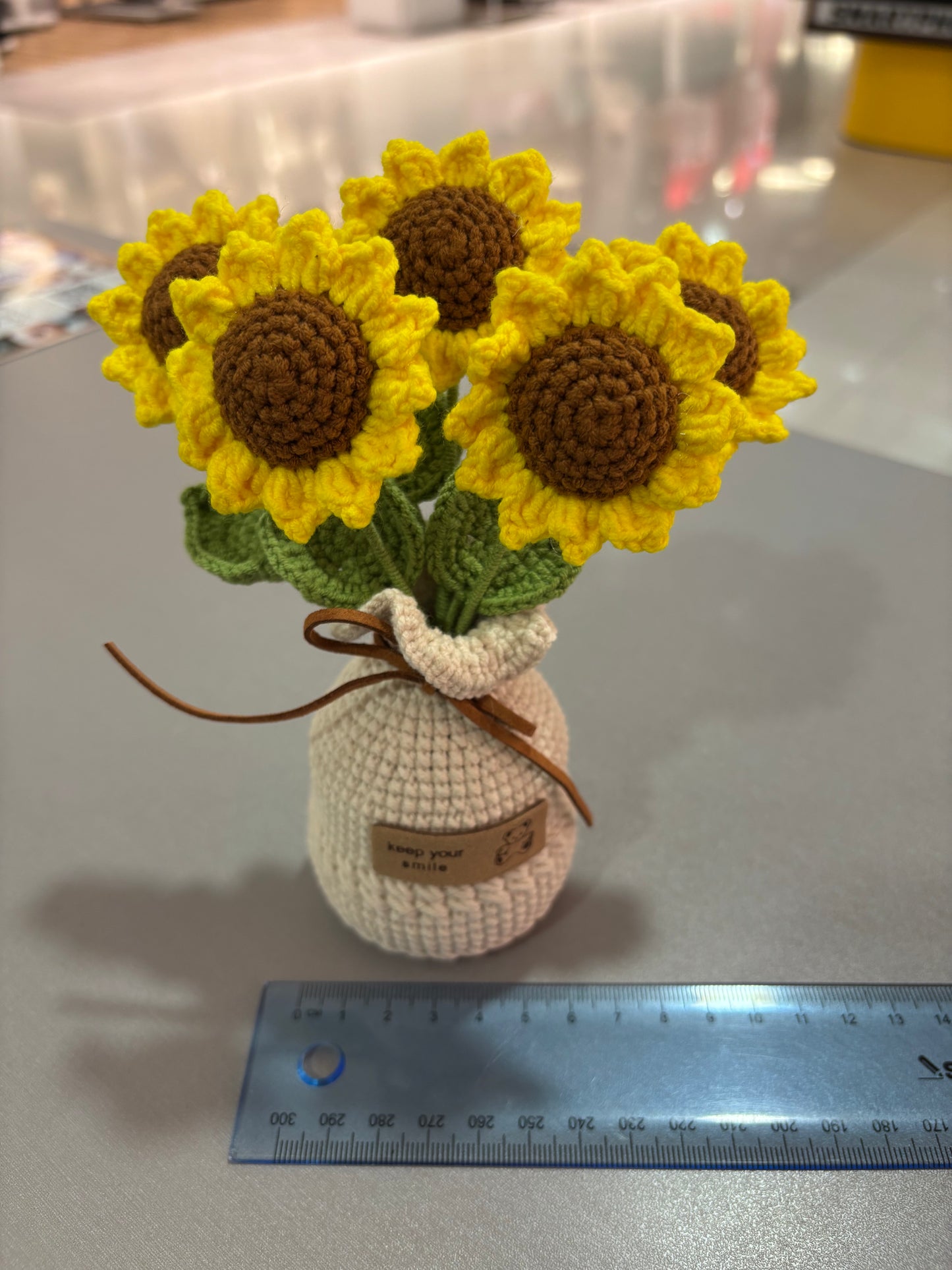 Handmade Crochet Sunflower Bouquet in Vase – “Keep Your Smile” Design (16cm)