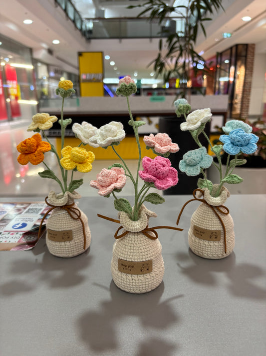 Handmade Crochet Multi-Colored Flower Bouquet in Vase – “Keep Your Smile” (22cm)