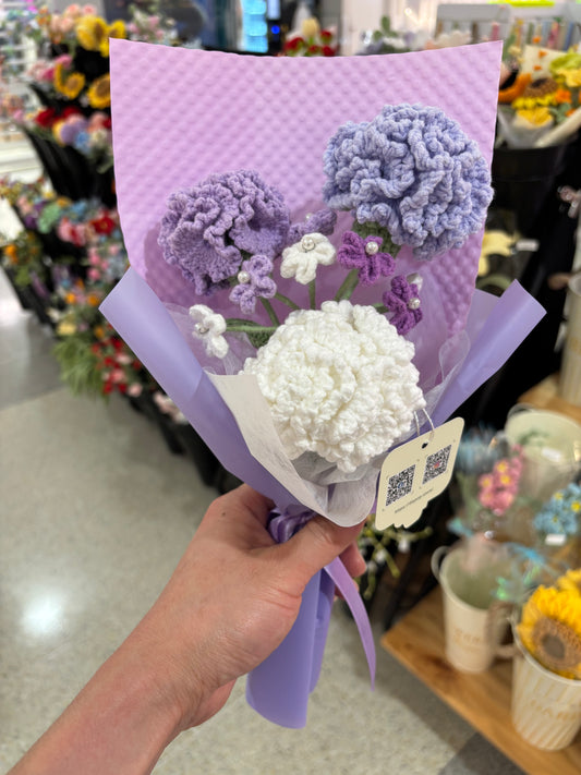 Handmade Crochet Flower Bouquet – Purple & White Carnations
