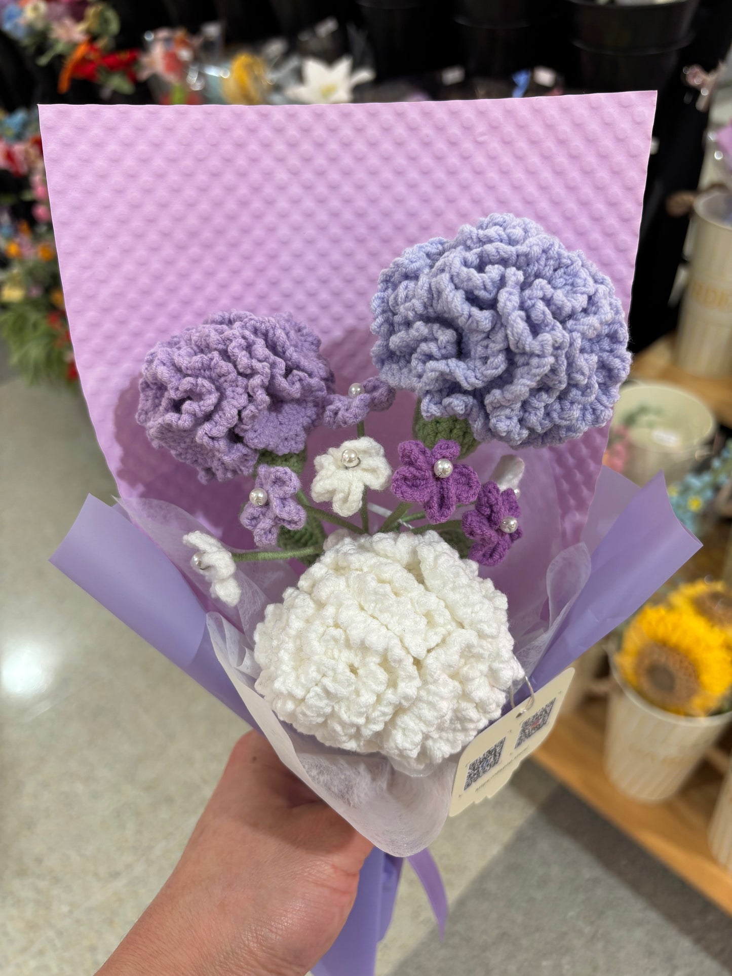 Handmade Crochet Flower Bouquet – Purple & White Carnations