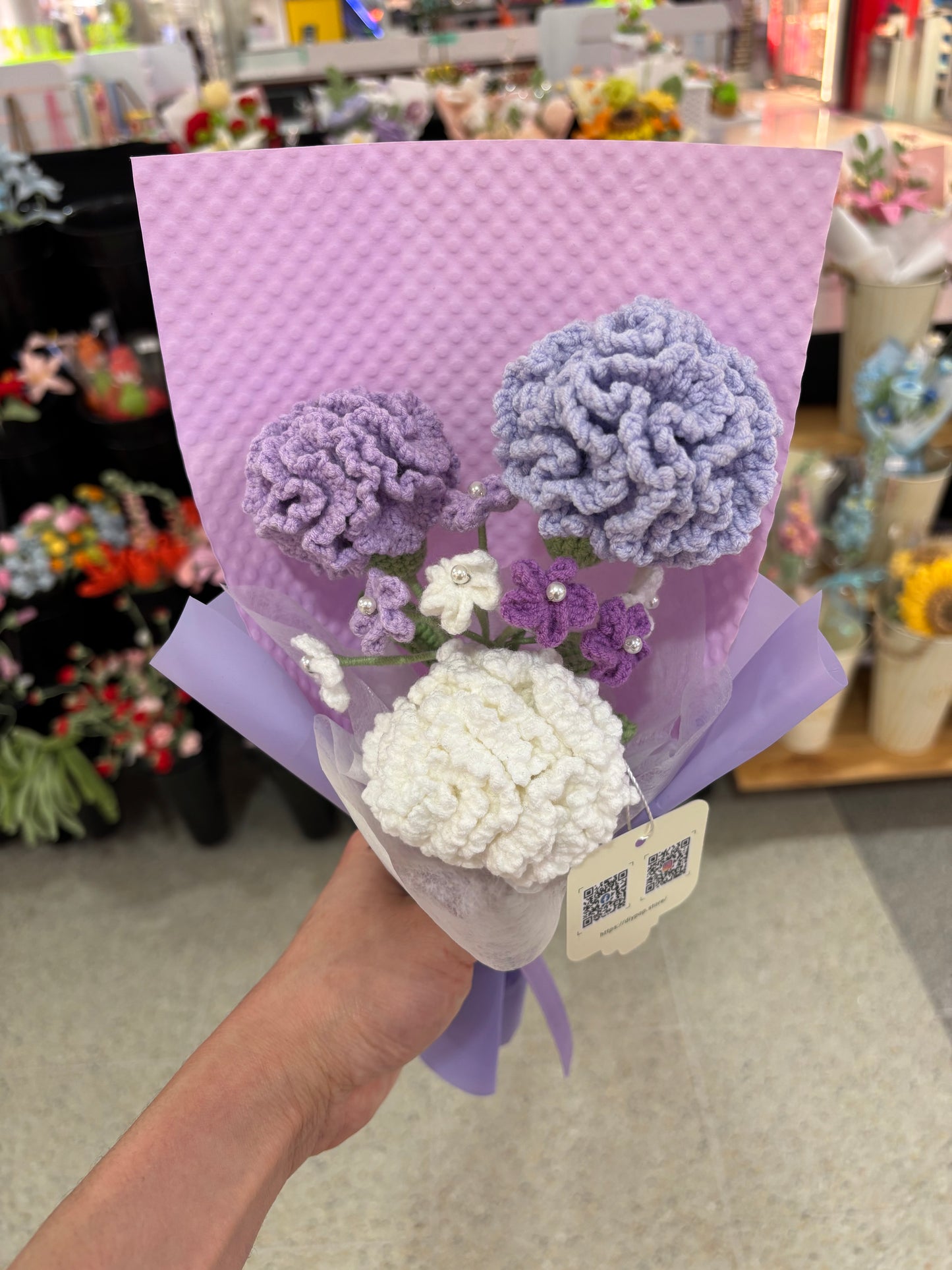 Handmade Crochet Flower Bouquet – Purple & White Carnations