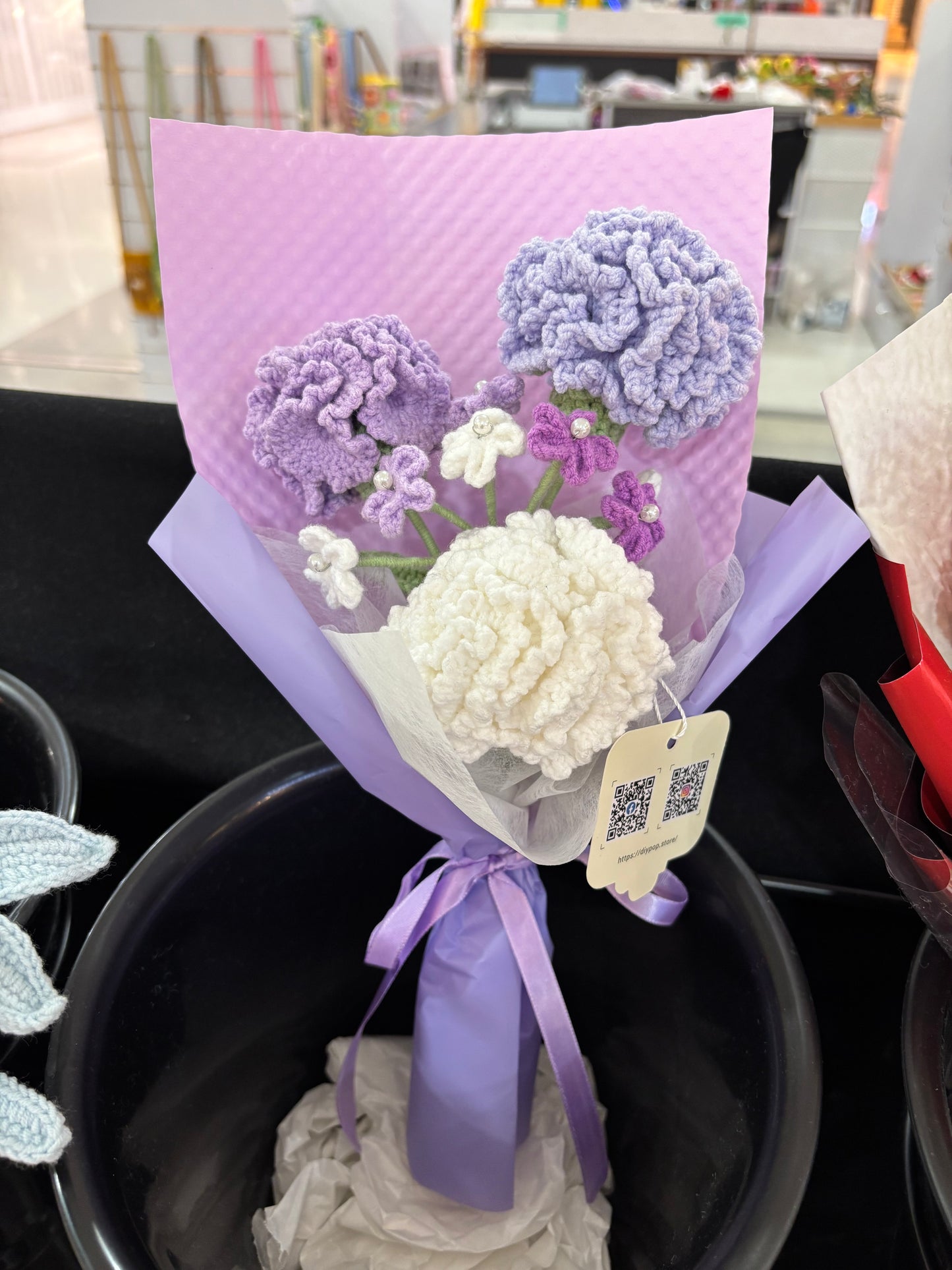 Handmade Crochet Flower Bouquet – Purple & White Carnations