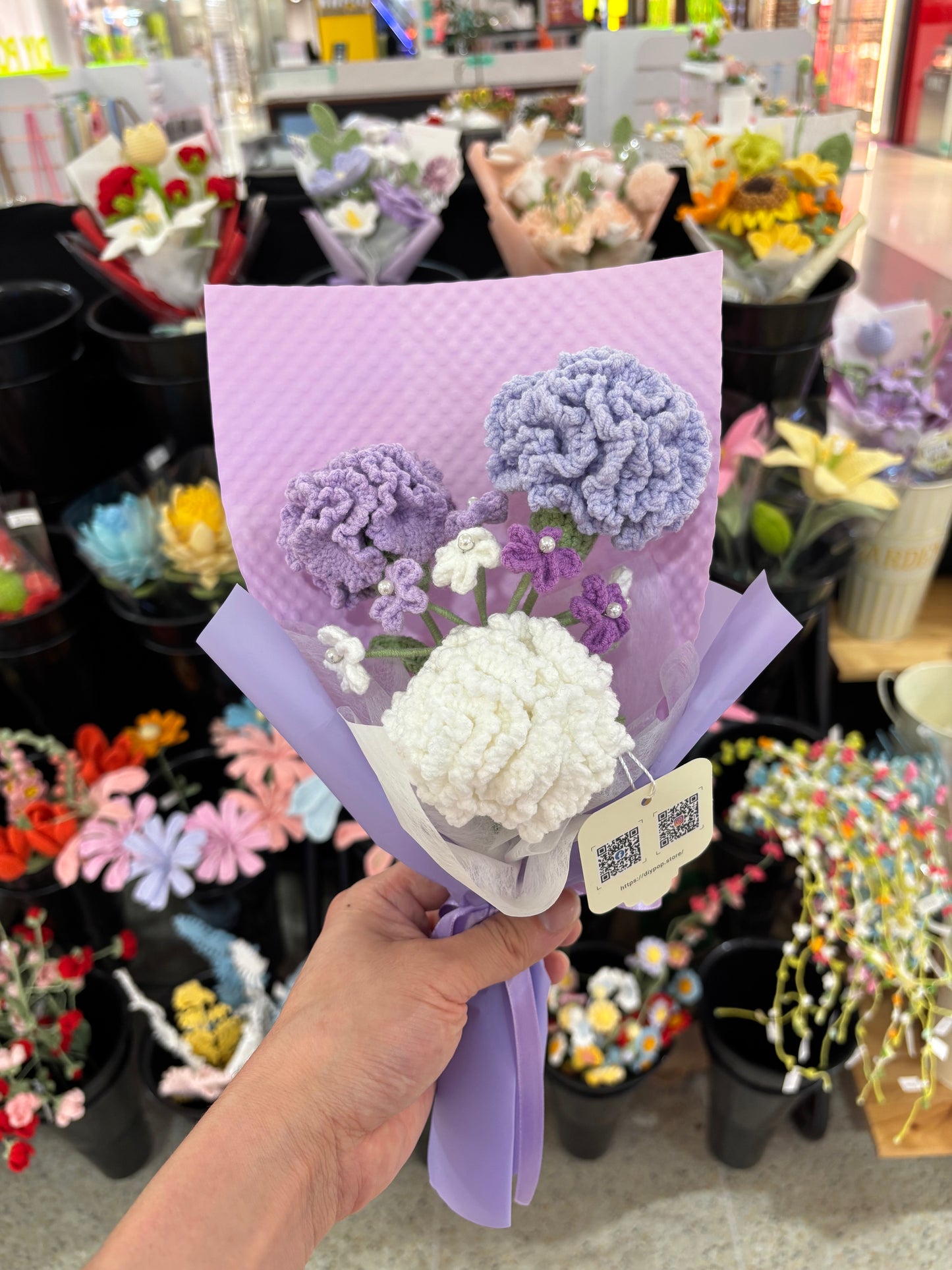 Handmade Crochet Flower Bouquet – Purple & White Carnations