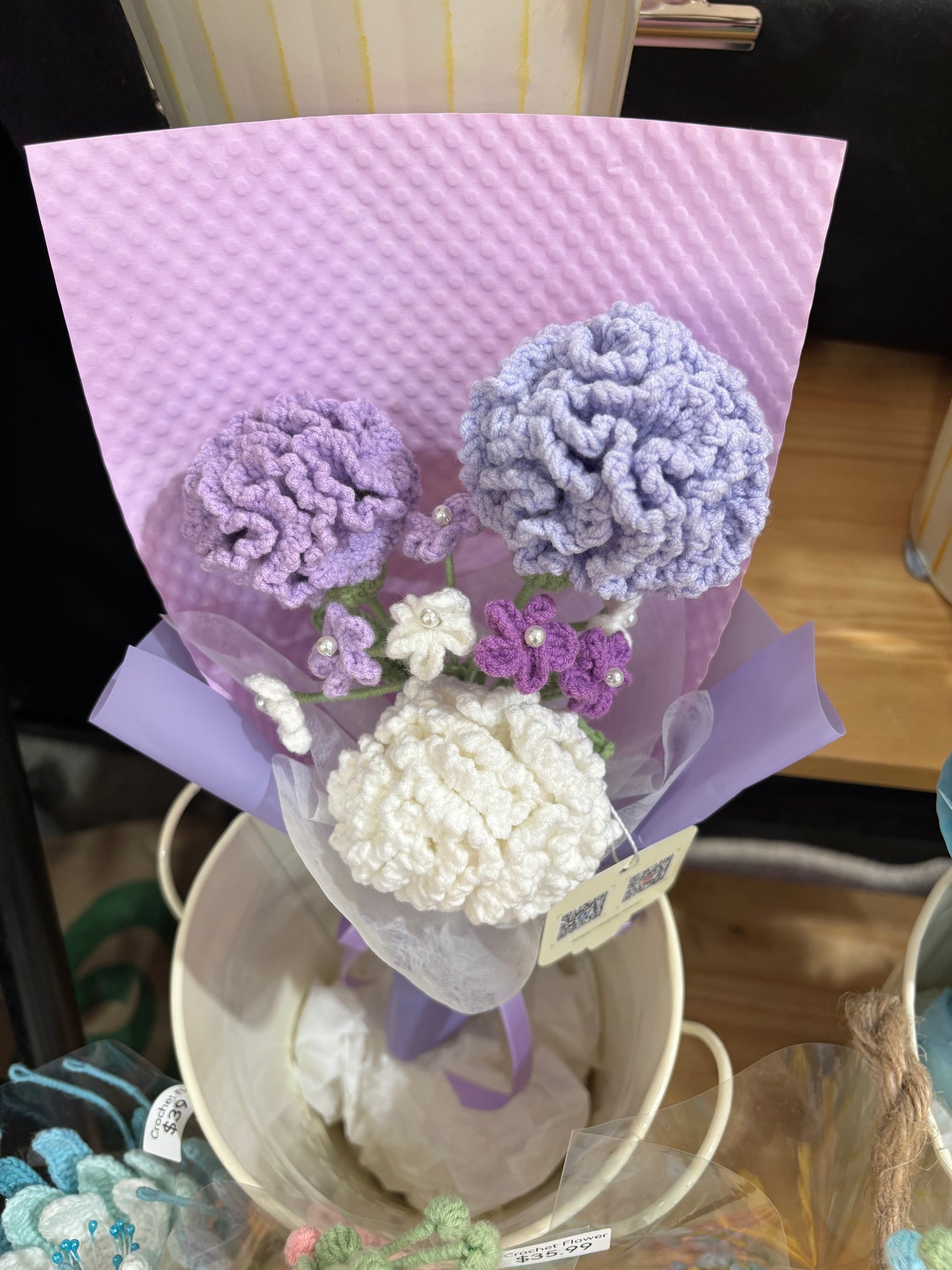 Handmade Crochet Flower Bouquet – Purple & White Carnations
