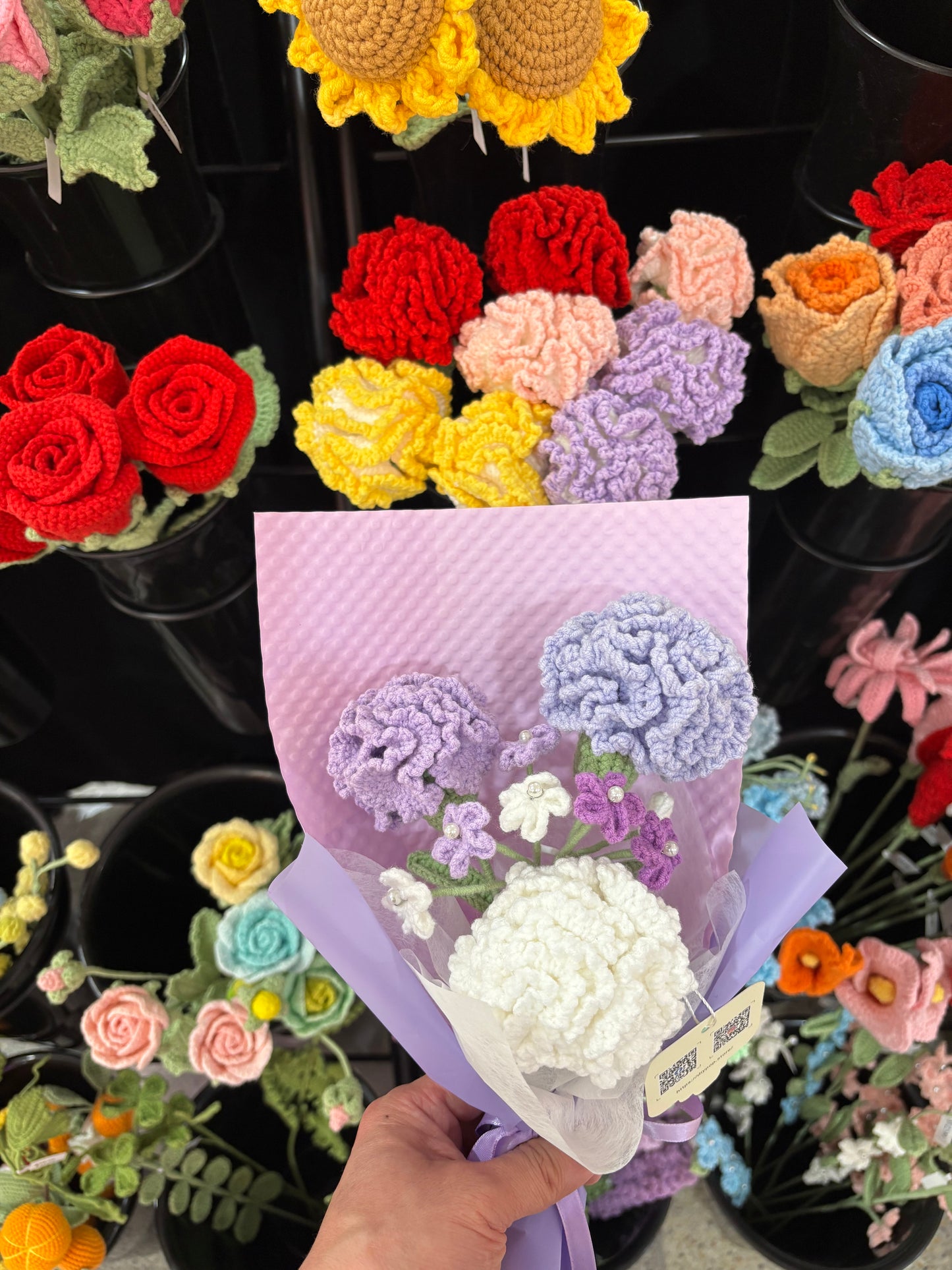 Handmade Crochet Flower Bouquet – Purple & White Carnations