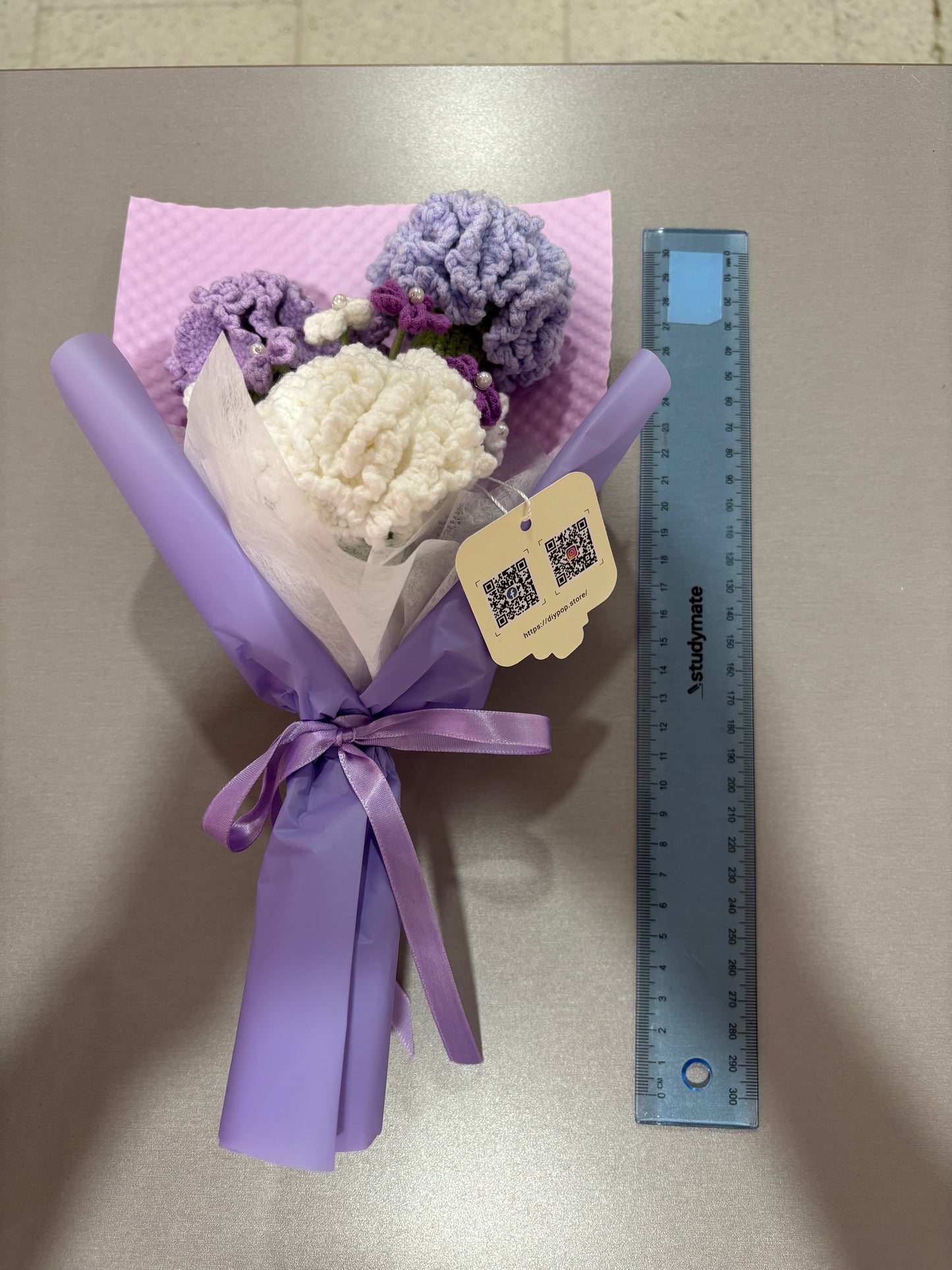 Handmade Crochet Flower Bouquet – Purple & White Carnations