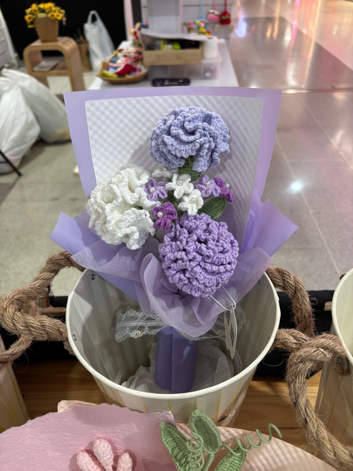Handmade Crochet Flower Bouquet – Purple & White Carnations