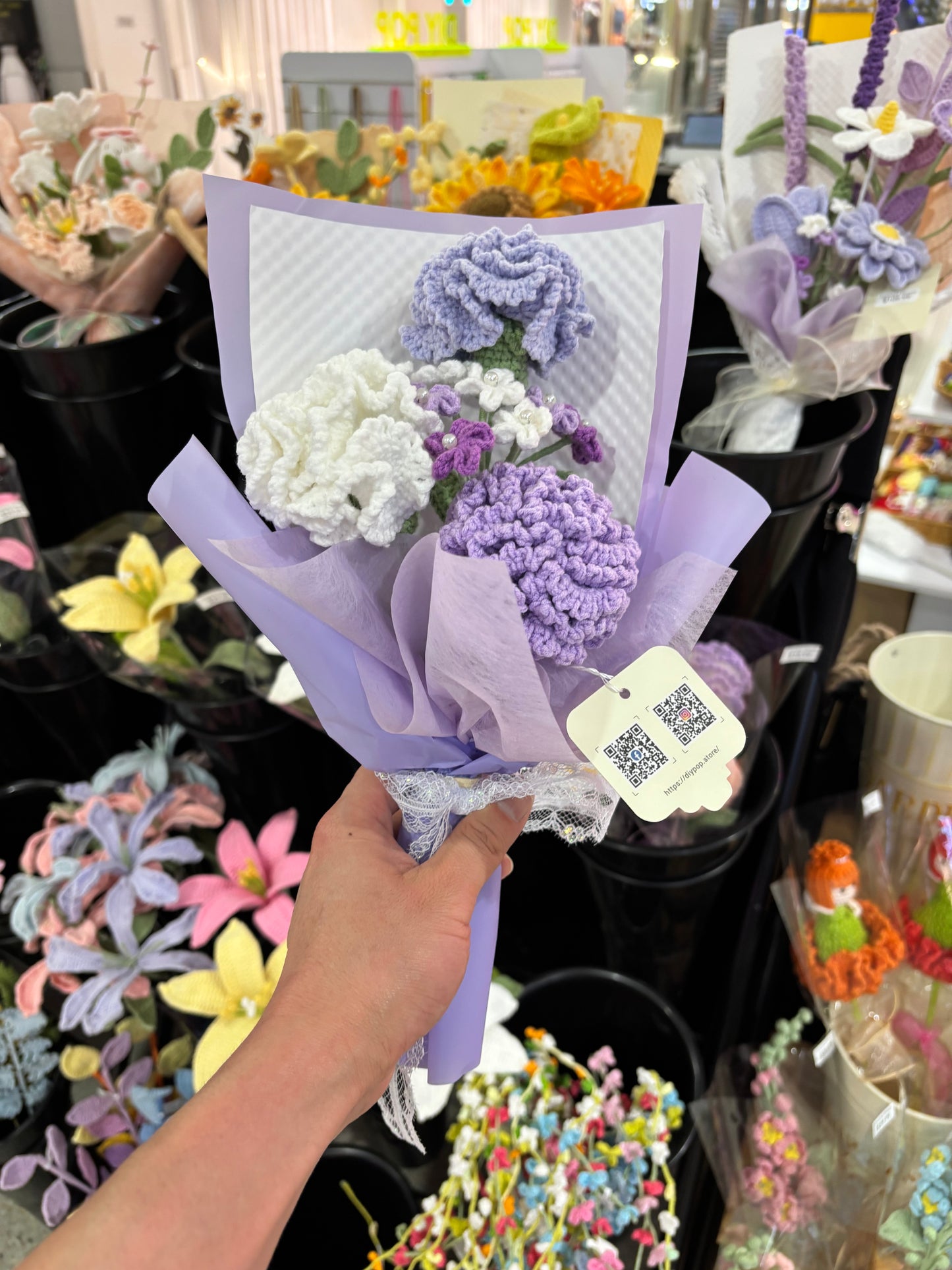 Handmade Crochet Flower Bouquet – Purple & White Carnations