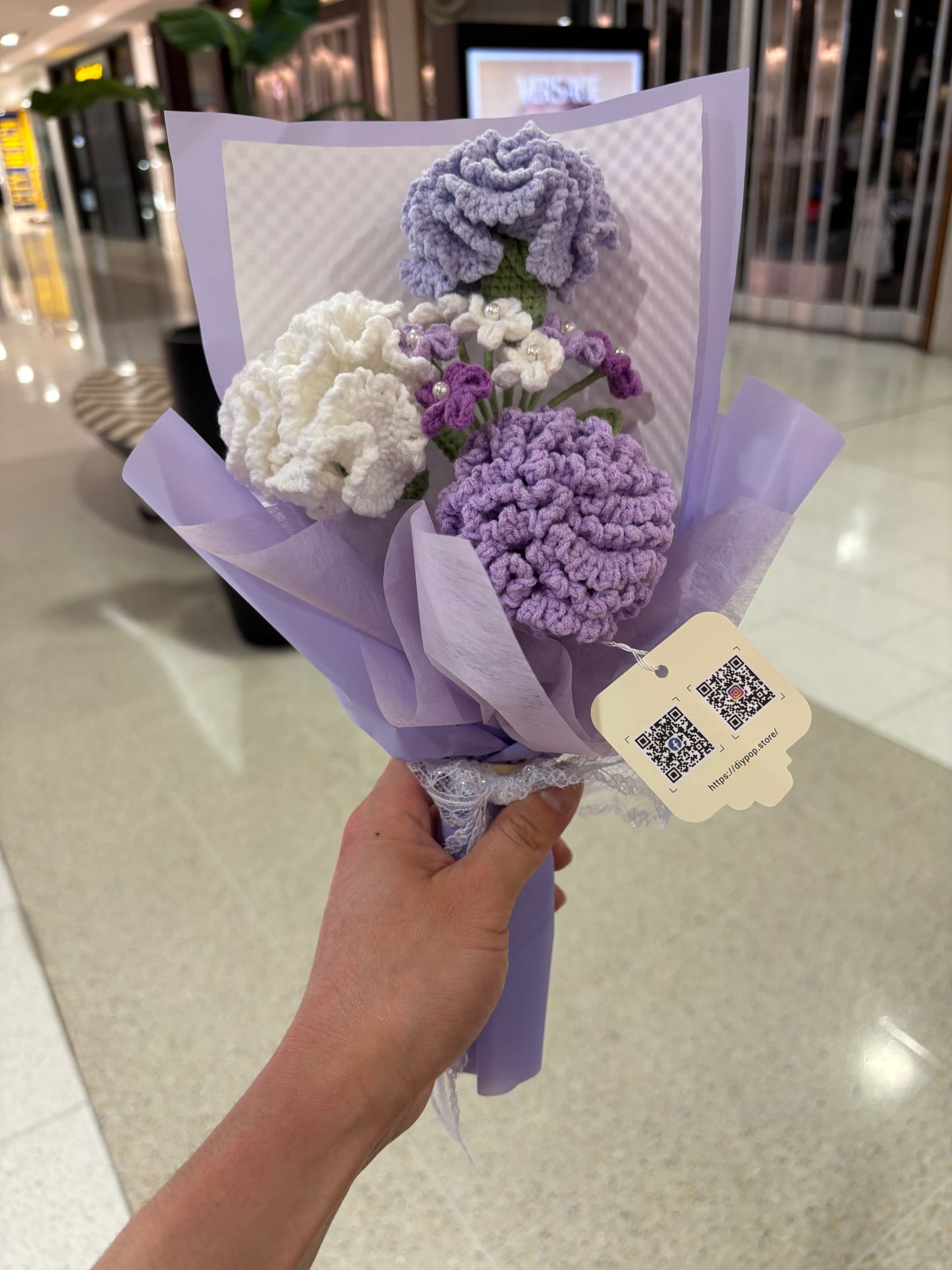 Handmade Crochet Flower Bouquet – Purple & White Carnations